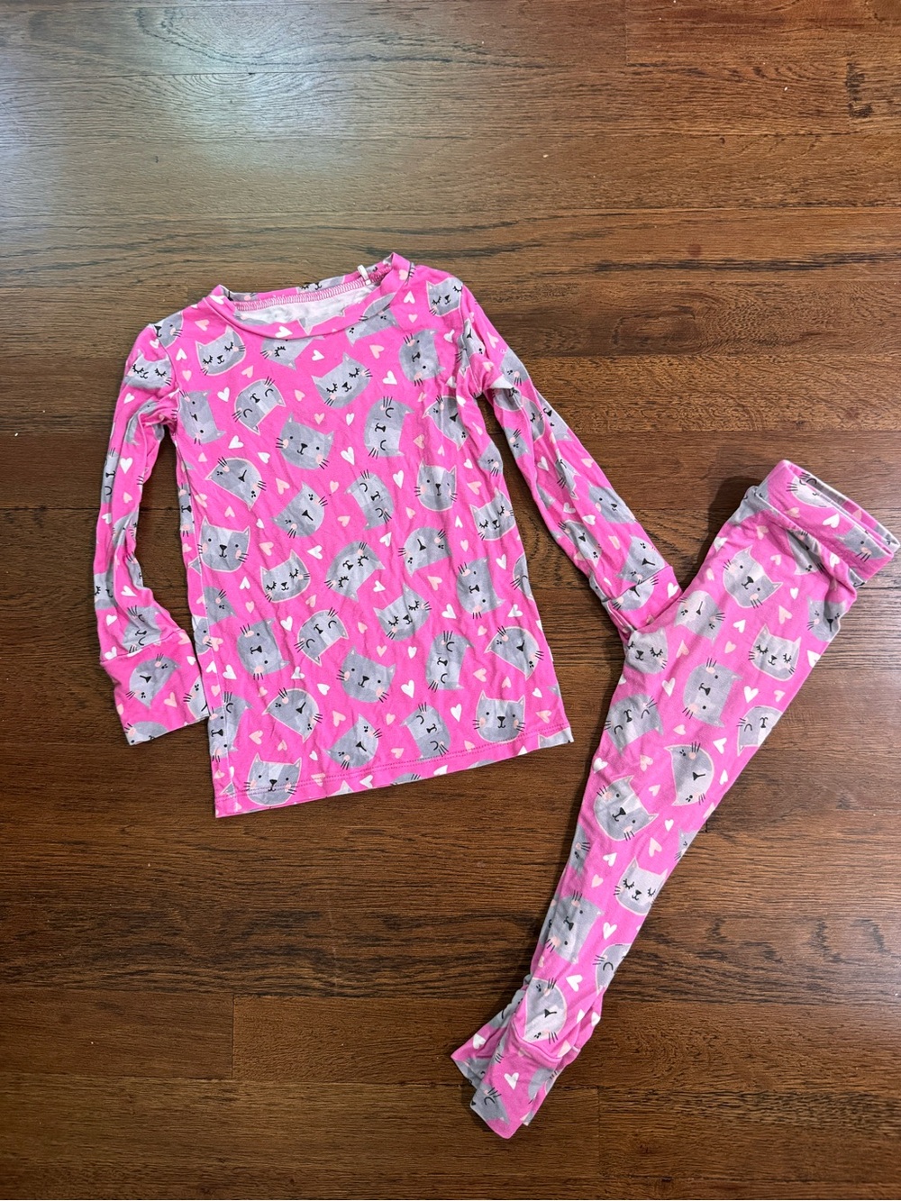 Girls' Pink Cat Print Long Sleeve Pajama Set 3T
